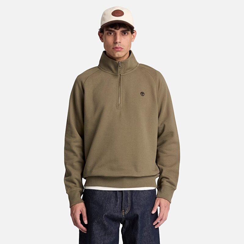 Erkek Koyu Yeşil Exeter River Logo İşlemeli Çeyrek Fermuarlı Sweatshirt