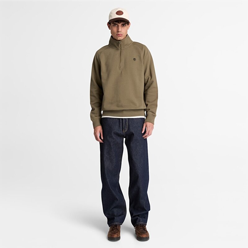Erkek Koyu Yeşil Exeter River Logo İşlemeli Çeyrek Fermuarlı Sweatshirt