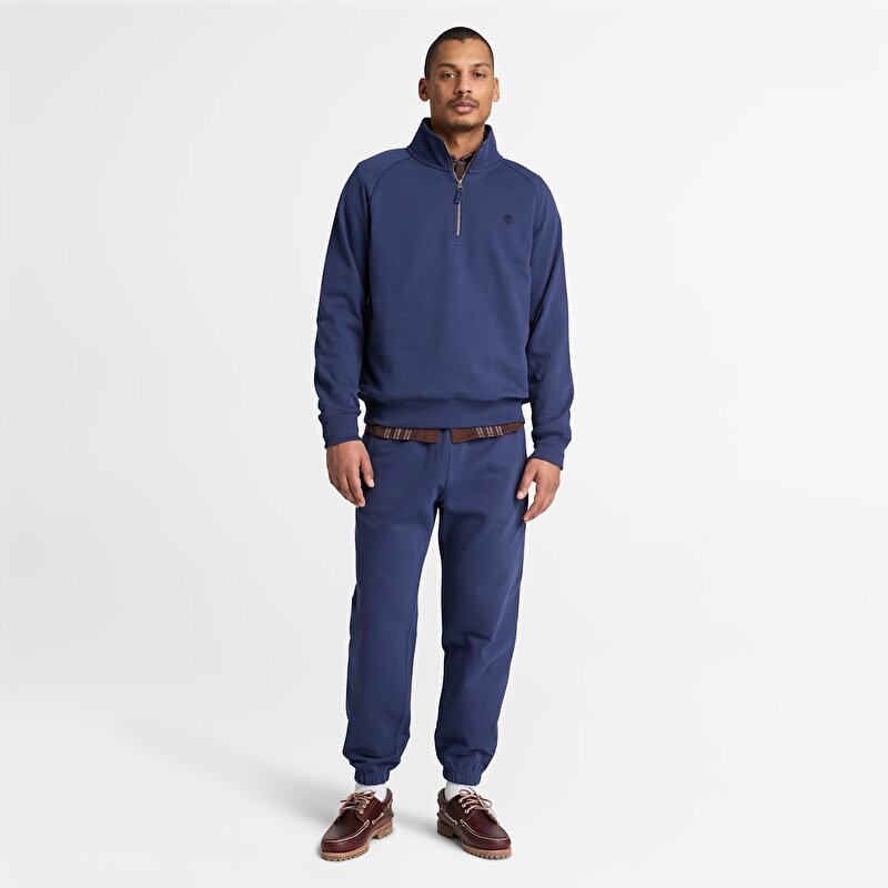 Erkek Koyu Mavi Exeter River Logo İşlemeli Çeyrek Fermuarlı Sweatshirt