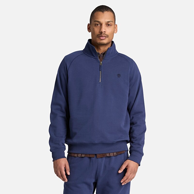 Erkek Koyu Mavi Exeter River Logo İşlemeli Çeyrek Fermuarlı Sweatshirt