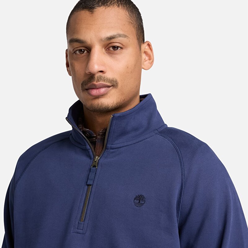 Erkek Koyu Mavi Exeter River Logo İşlemeli Çeyrek Fermuarlı Sweatshirt