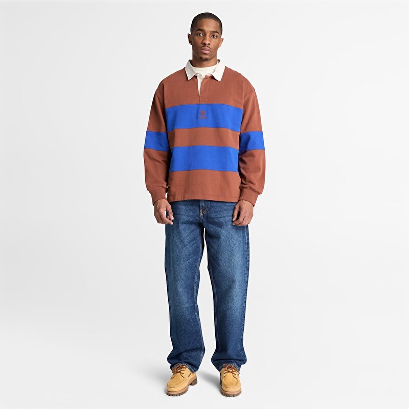 Erkek Kahverengi/Mavi Rugby Polo Yaka Sweatshirt