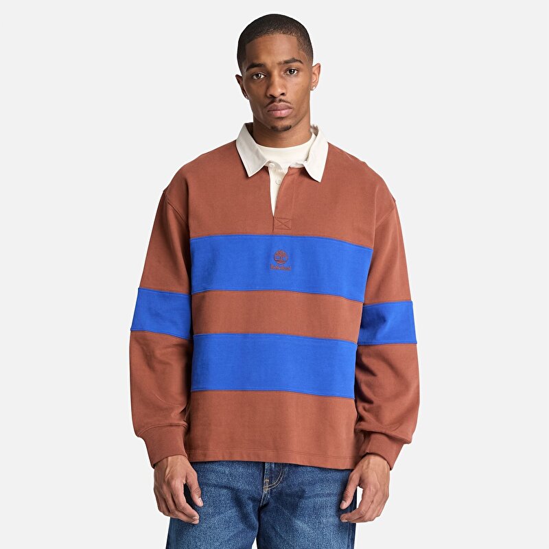 Erkek Kahverengi/Mavi Rugby Polo Yaka Sweatshirt