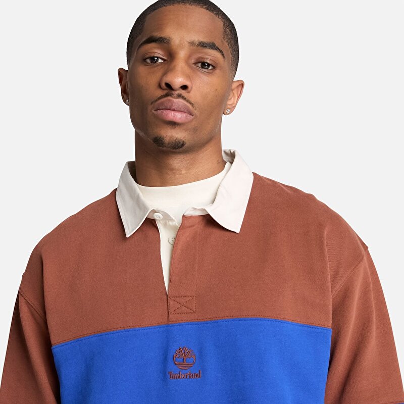 Erkek Kahverengi/Mavi Rugby Polo Yaka Sweatshirt