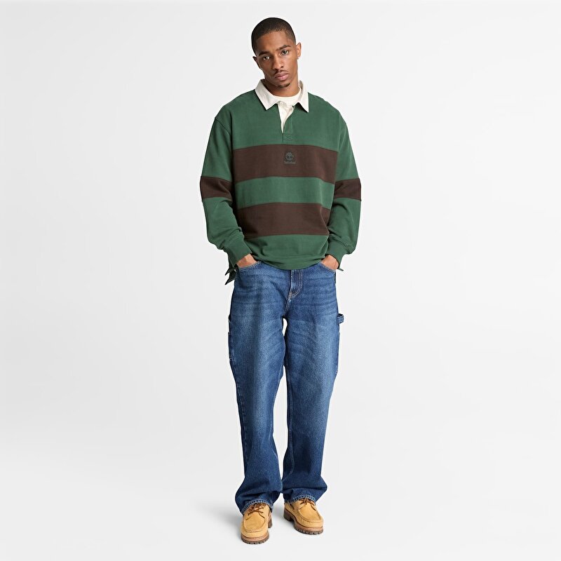 Erkek Koyu Yeşil/Koyu Kahverengi Rugby Polo Yaka Sweatshirt